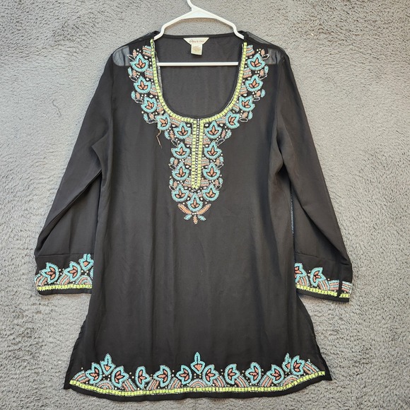 Lucky & Coco Tunic Womens Medium Black Beaded Embroidered Boho Sheer India Dress - Picture 1 of 8